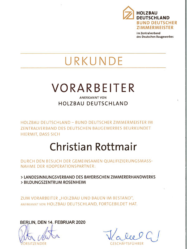 Urkunde Vorarbeiter Christian Rottmaier