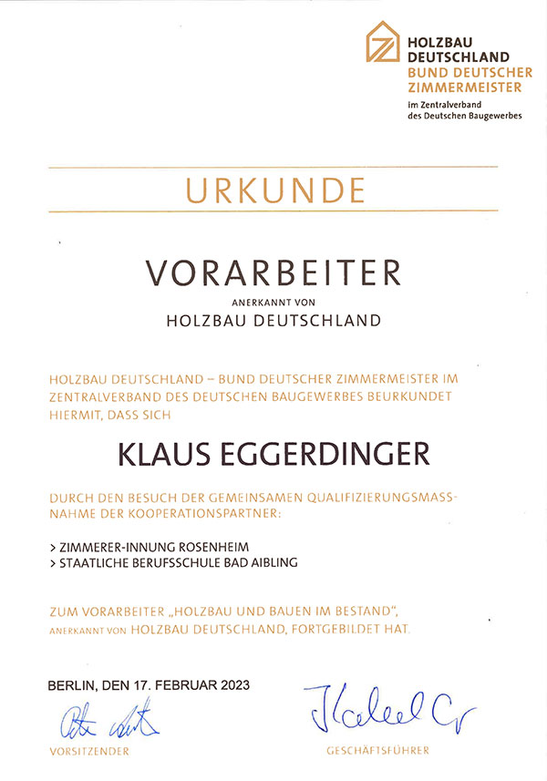 Vorarbeiter Zertifikat Klaus Eggendinger