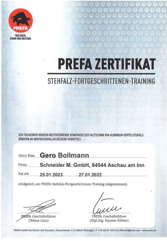 Prefa Zertifikat Gero Bollmann