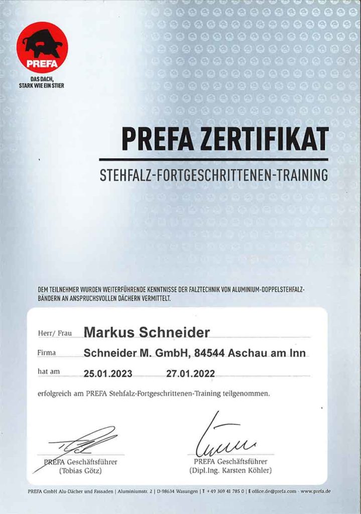 Prefa Zertifikat Markus Schneider